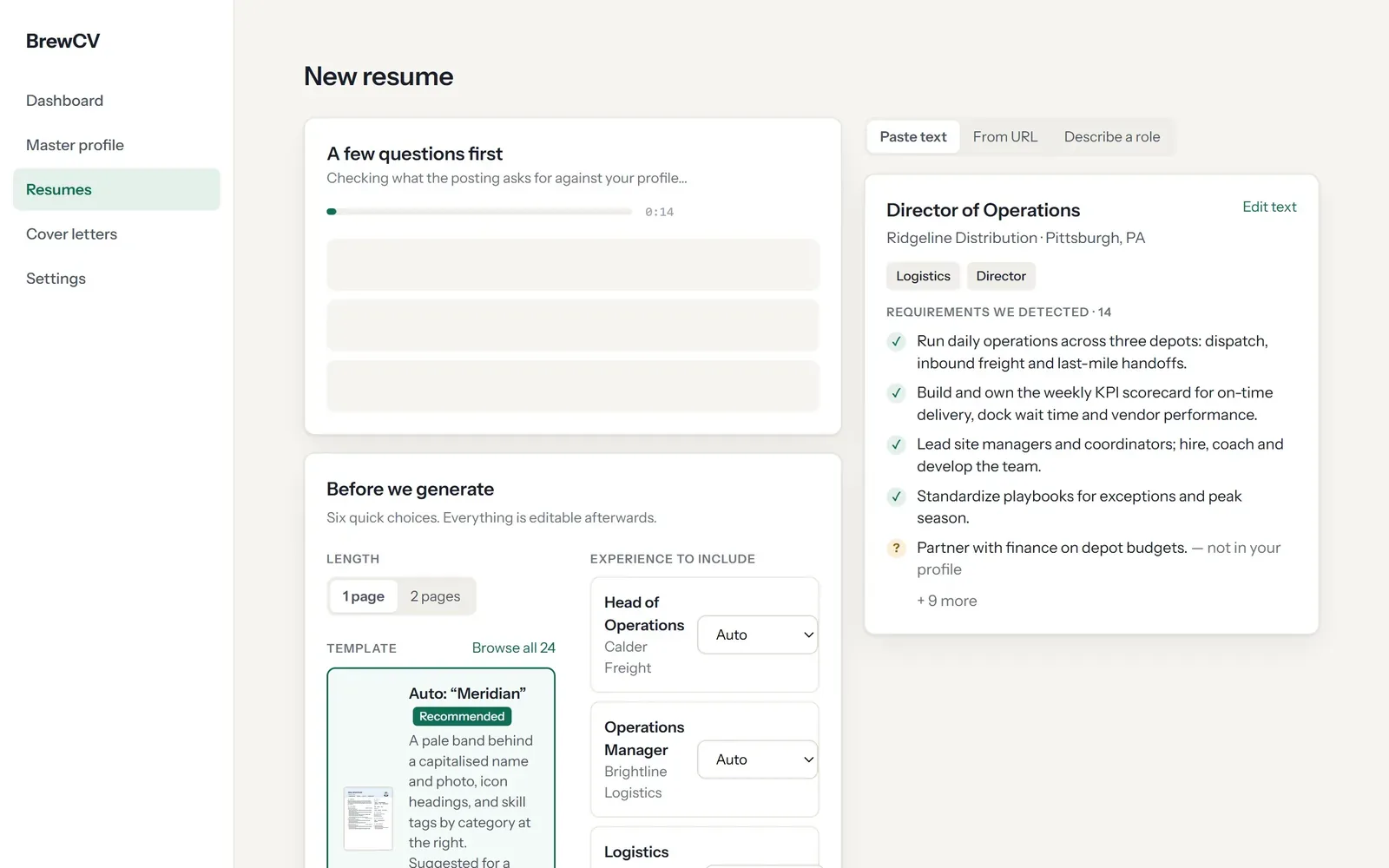 BrewCV's New resume screen. The posting is now a card, Director of Operations at Ridgeline Distribution, with 14 detected requirements: four checked, and partnering with finance on depot budgets marked not in your profile.