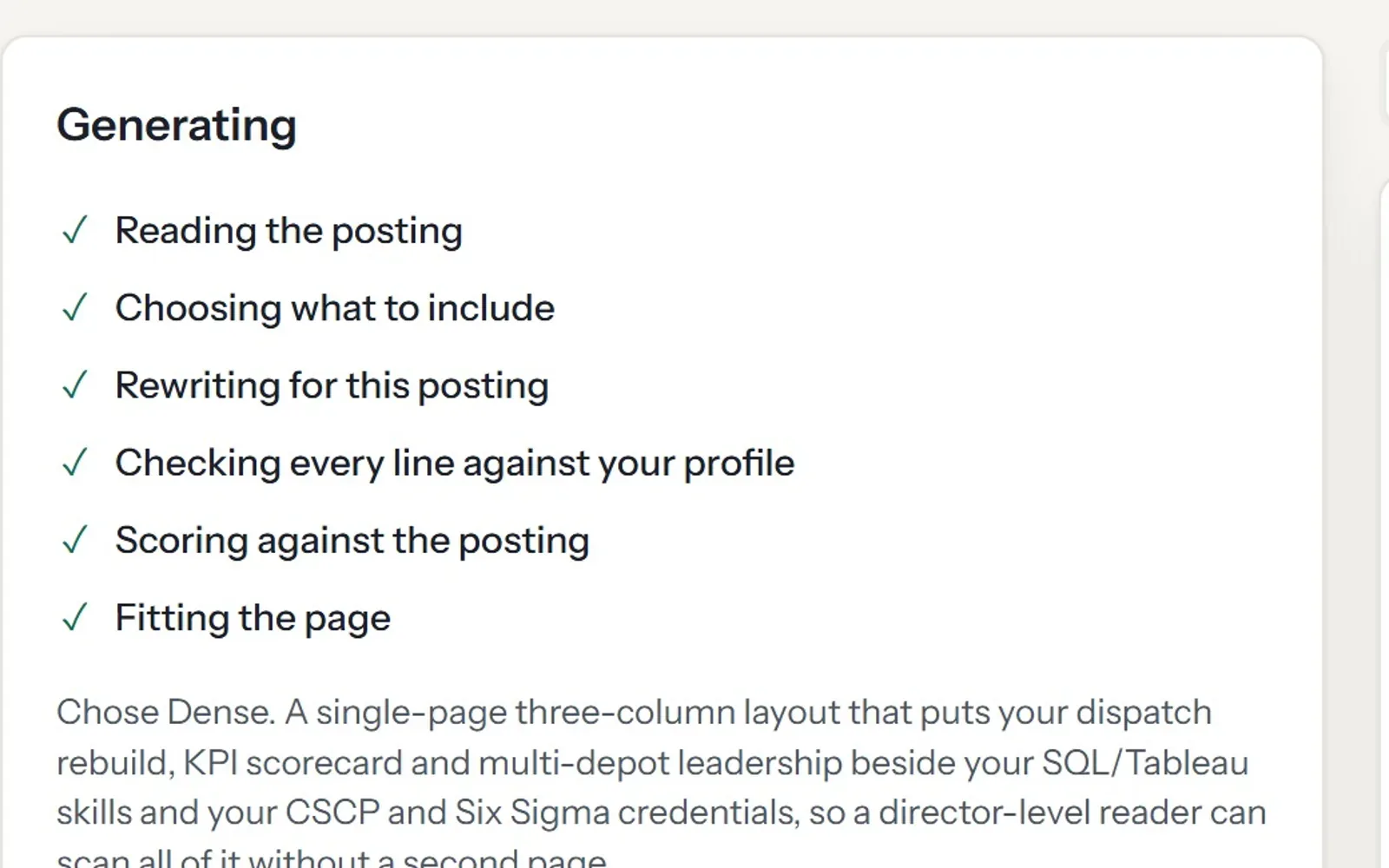 The Generating checklist with all six stages done, from reading the posting to fitting the page, and a note on why it chose the Dense template.
