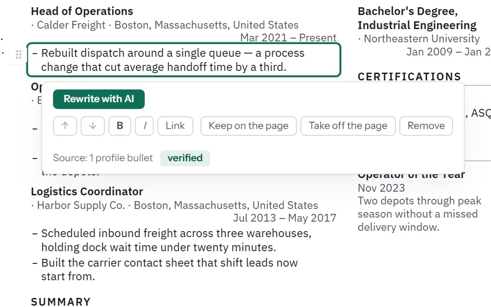 The rewritten line about rebuilding dispatch around a single queue, selected. Its panel offers Rewrite with AI and editing buttons, and reads Source: 1 profile bullet, verified.