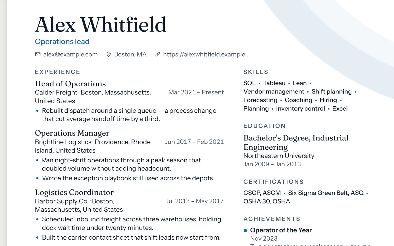 The same résumé in the Serif Modern template: a large serif name, a contact row with icons, experience on the left, and skills, education and certifications on the right.