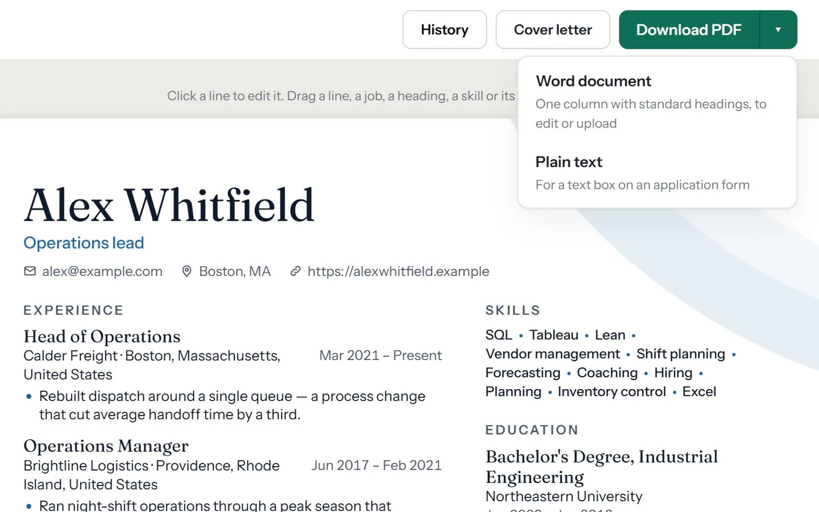 The Download PDF button's menu, offering a Word document with one column and standard headings, or plain text for a text box on an application form.