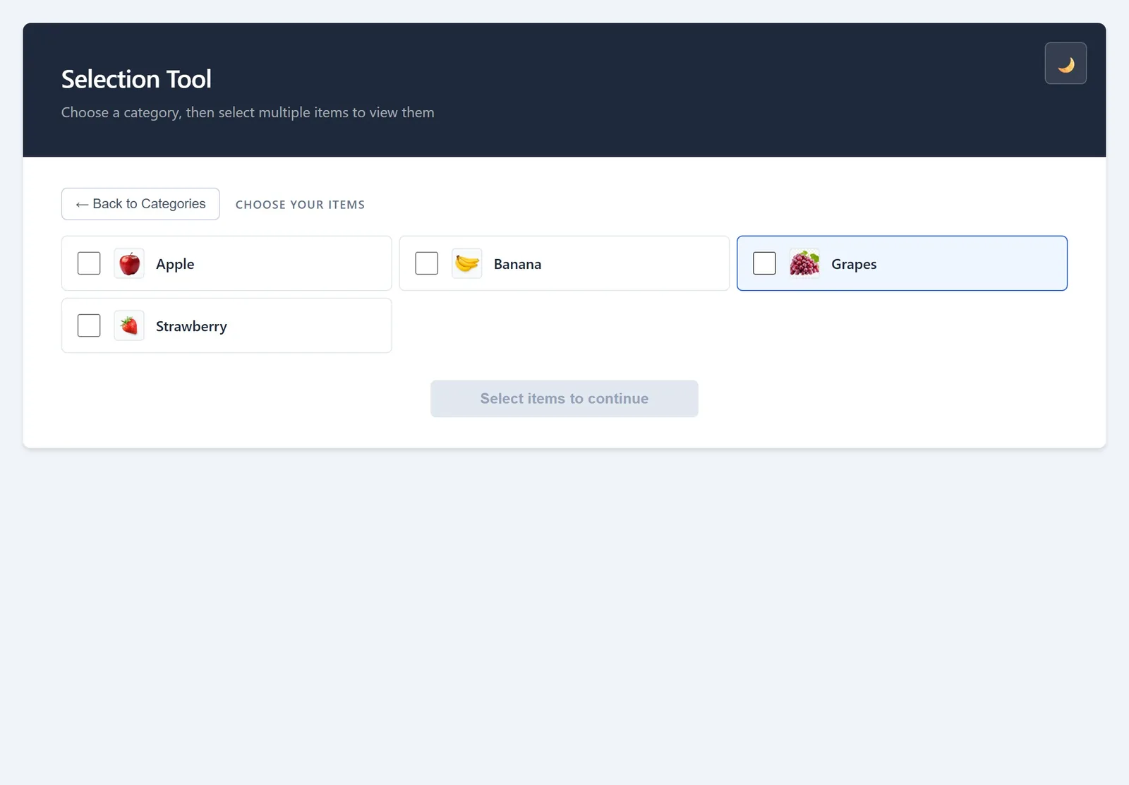 The Selection Tool's category list, with Fruit being chosen.