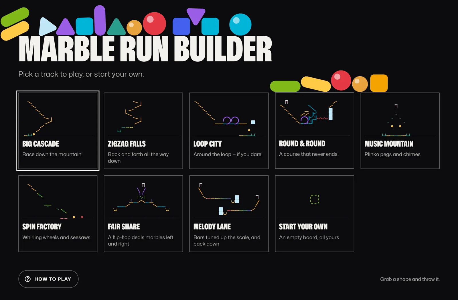 The Marble Run Builder start screen: eight track cards and Start Your Own, with colored shapes resting on the title and the cards.