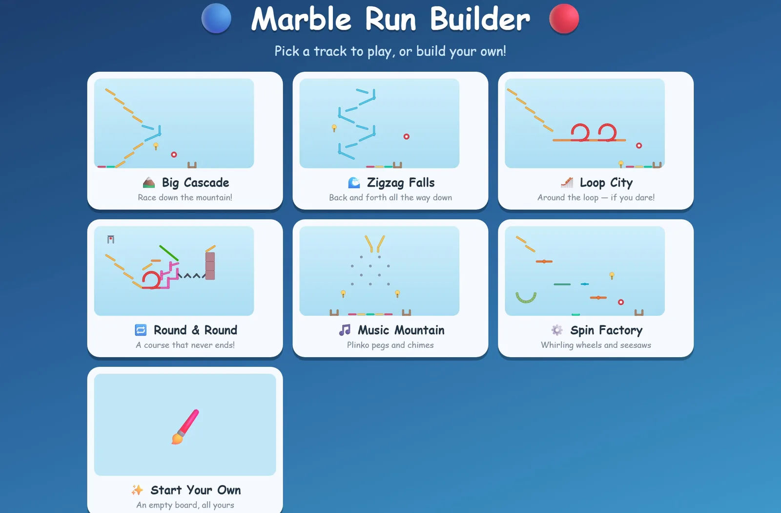 The Marble Run Builder start screen: six track cards and Start Your Own.