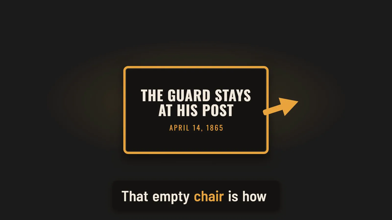 From the Lincoln episode: Ford's Theatre, then a card reading The guard stays at his post, April 14, 1865, captioned Here's the off-ramp.