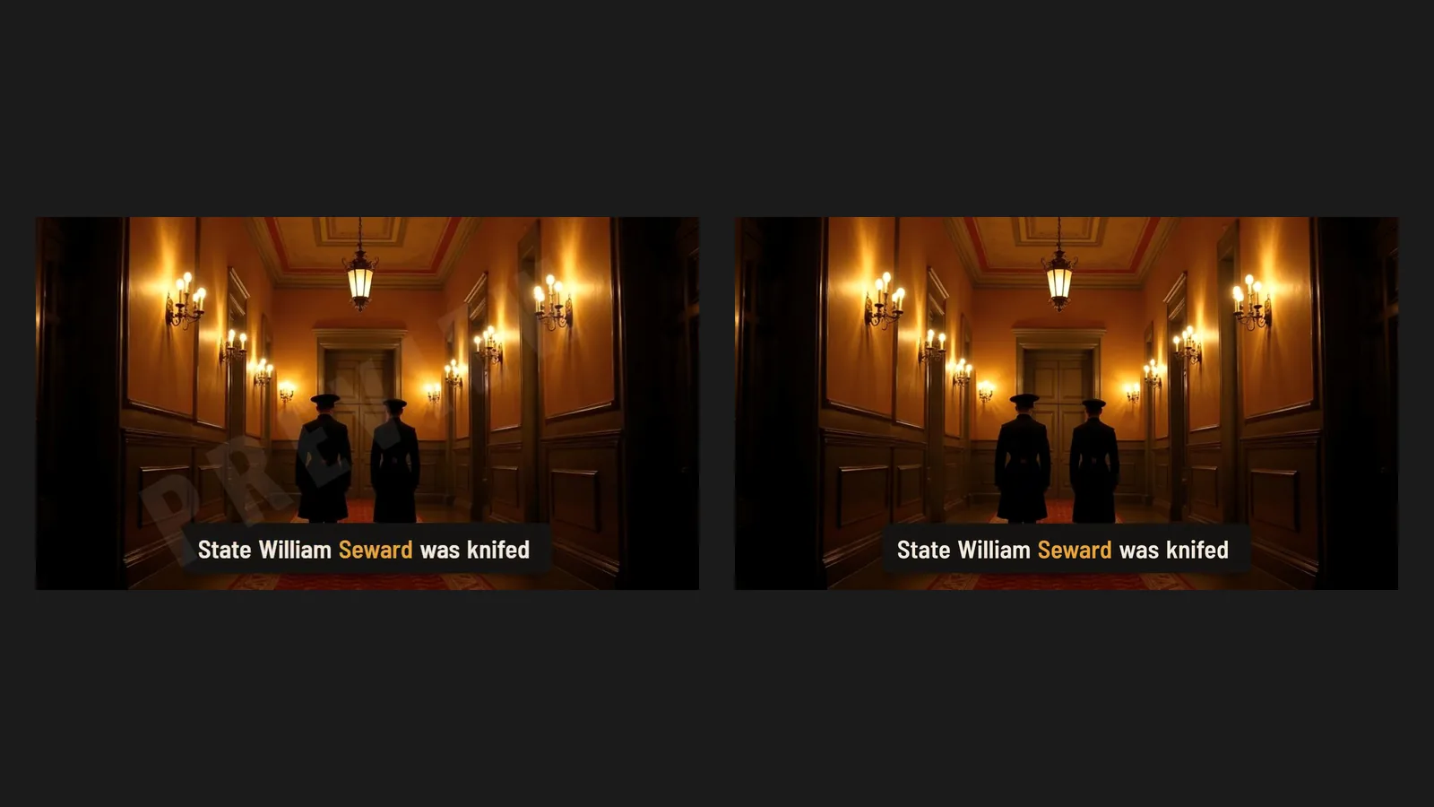 The same moment twice: a preview marked PREVIEW on the left and the final render on the right.