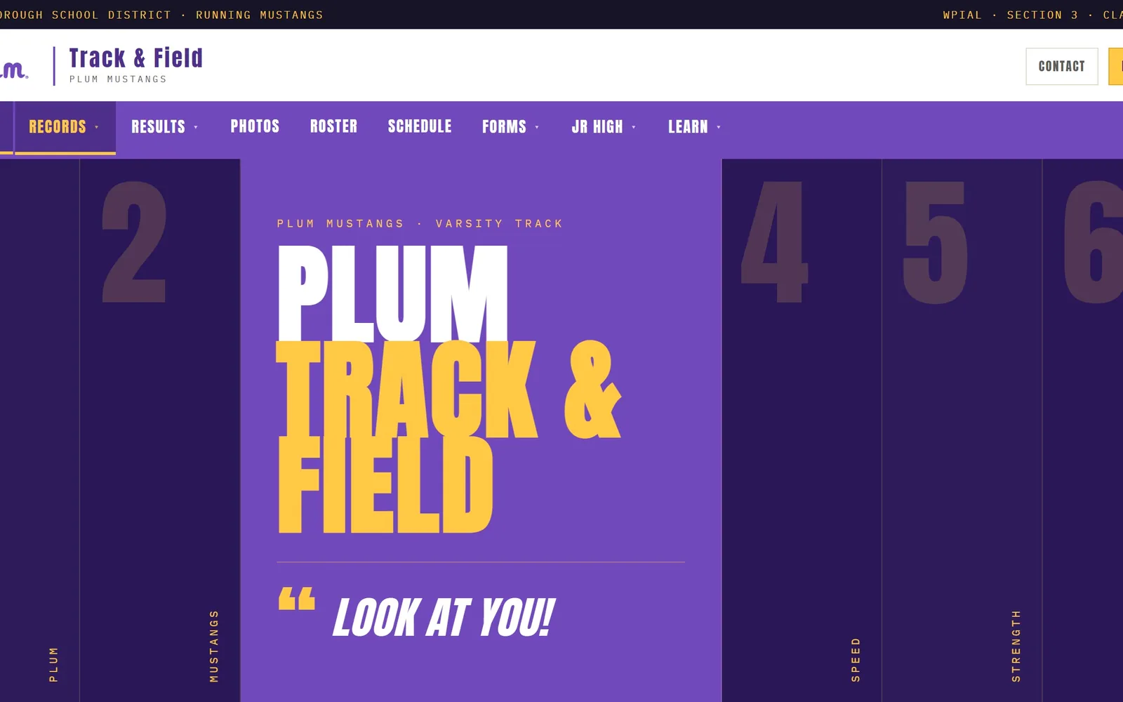 The Plum Track & Field home page: purple lanes numbered 1 to 6 around the title.