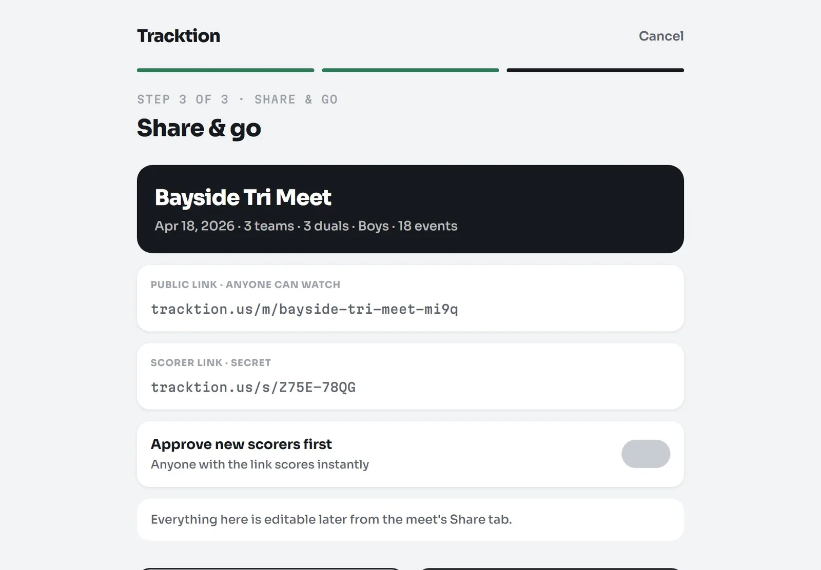 Tracktion's last setup step, Share & go: the Bayside Tri Meet with 3 teams, 3 duals, Boys and 18 events, a public link anyone can watch and a secret scorer link.