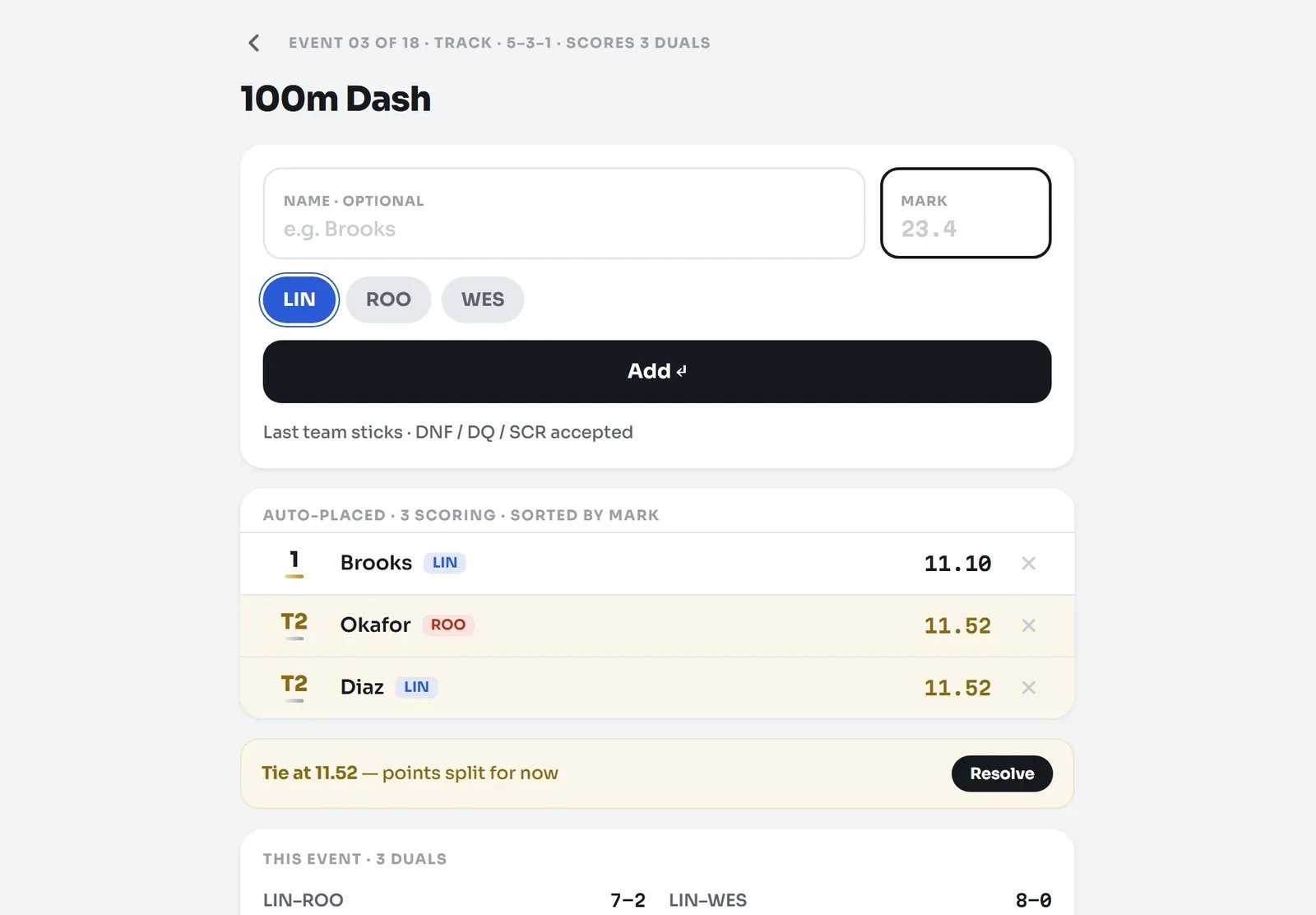 The 100m dash with Okafor (ROO) and Diaz (LIN) tied at 11.52, marked T2, and a banner: points split for now.
